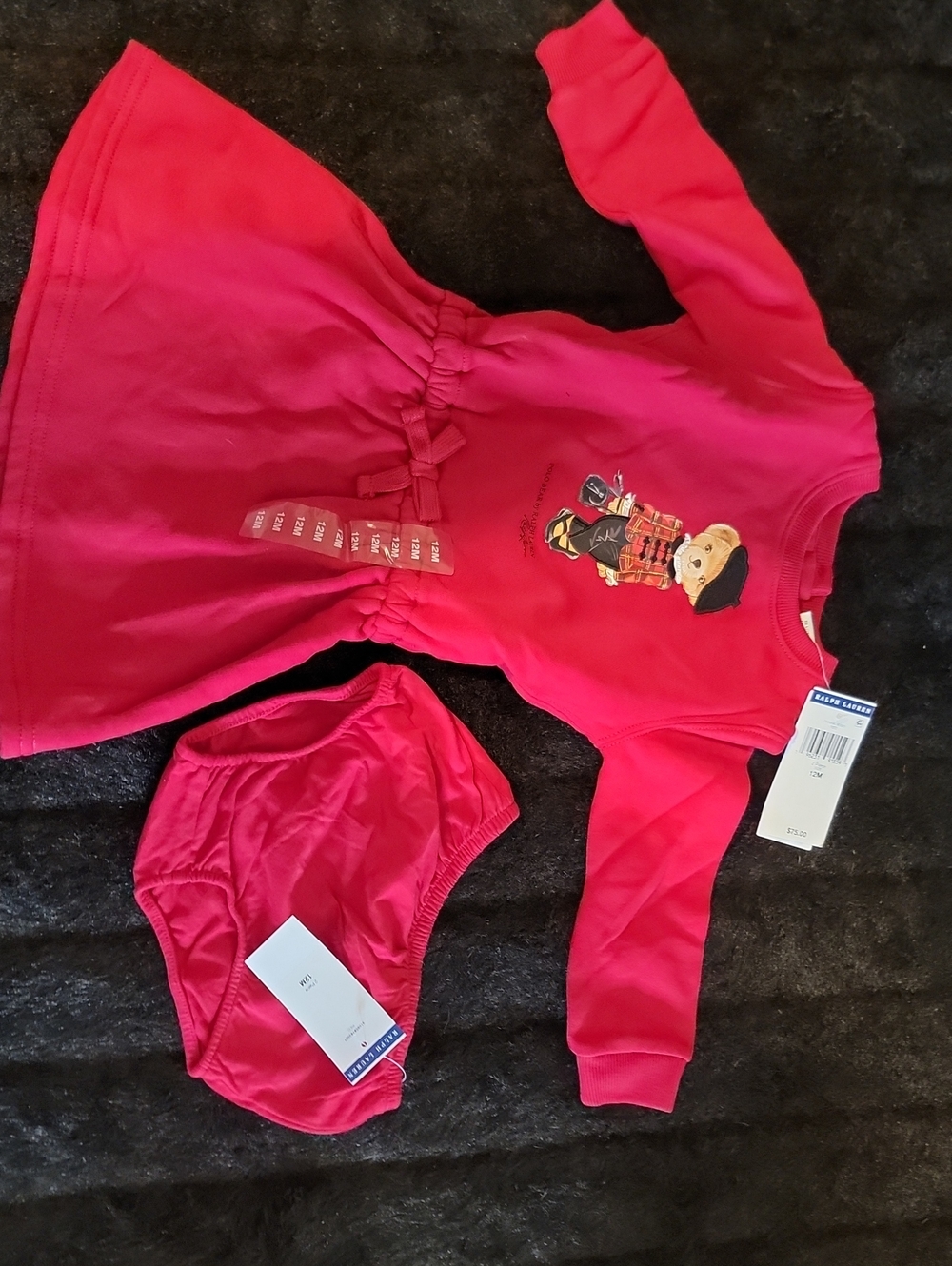 Ralph Lauren Red Baby Dress with Bear Motif and Bloomer
